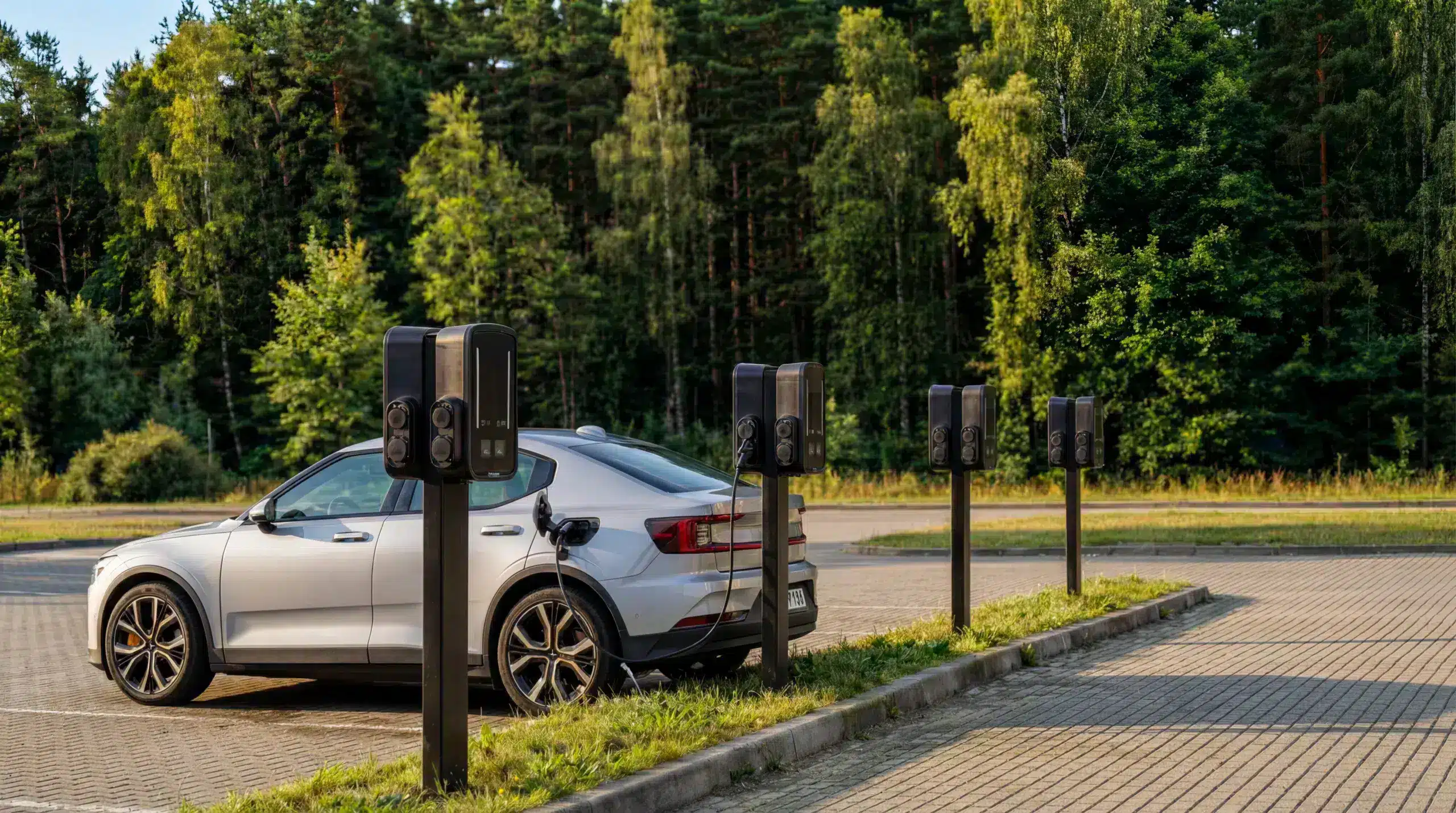 Hõbedane elektriauto laadimas Elektra laadimisjaamas